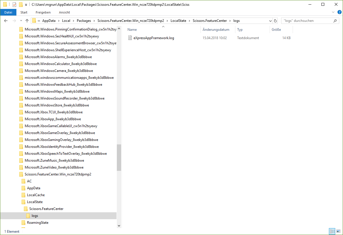 Log file of packaged project in explorer